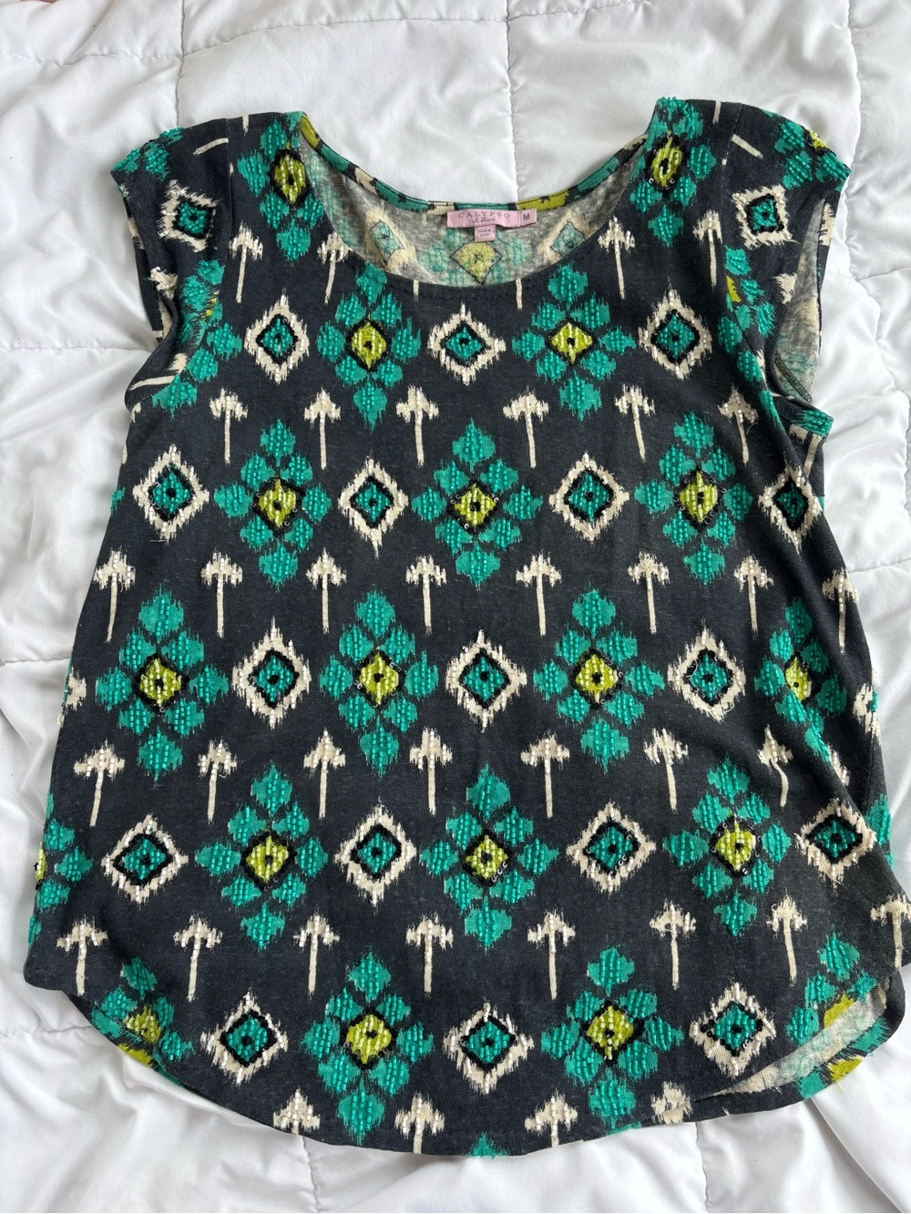 Calypso St. Barth Beaded Ikat Print Linen Knit Cap Sleeve Top Green Sz M